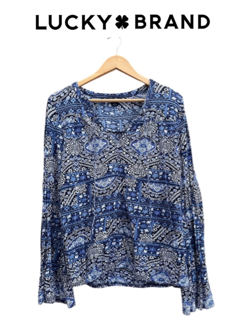 LUCKY BRAND Bell Sleeve Tie Neck Knit Top Blue Elastic Hem Boho Whimsical Wmn M